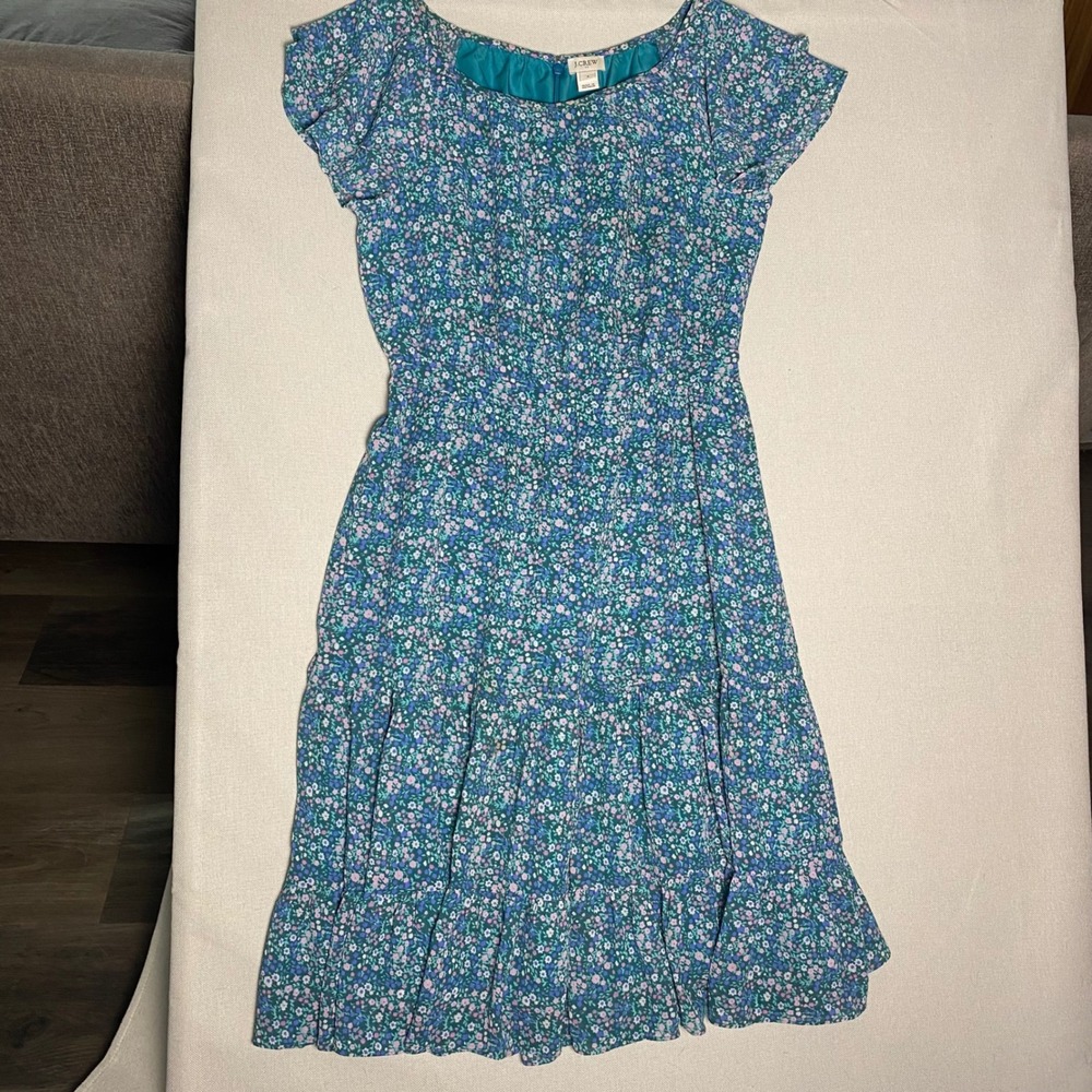 J.Crew Floral Tiered Midi Dress Teal Purple Ditsy Print Cap Sleeve Size 4